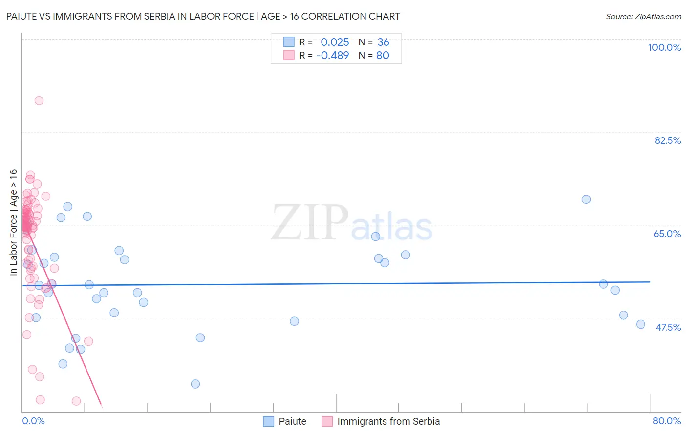 Paiute vs Immigrants from Serbia In Labor Force | Age > 16