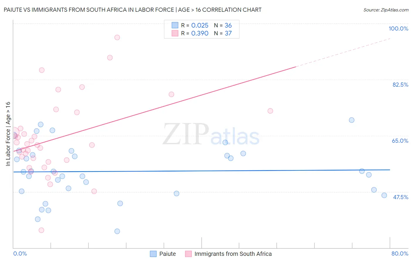 Paiute vs Immigrants from South Africa In Labor Force | Age > 16