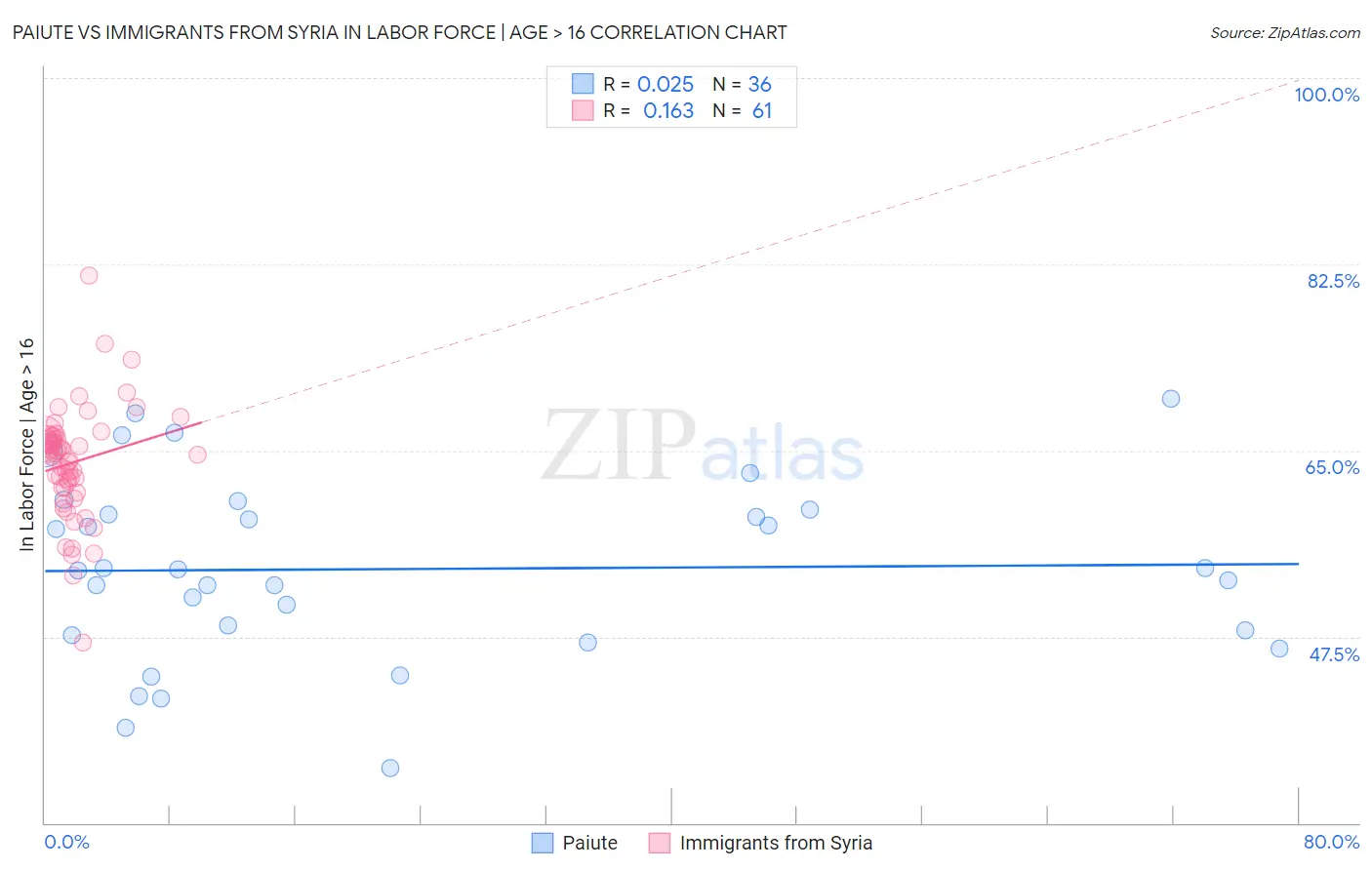 Paiute vs Immigrants from Syria In Labor Force | Age > 16