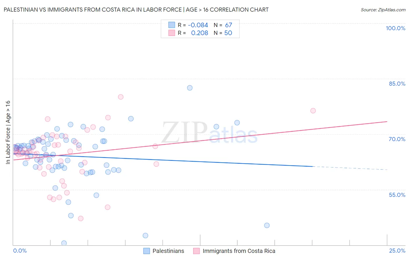 Palestinian vs Immigrants from Costa Rica In Labor Force | Age > 16