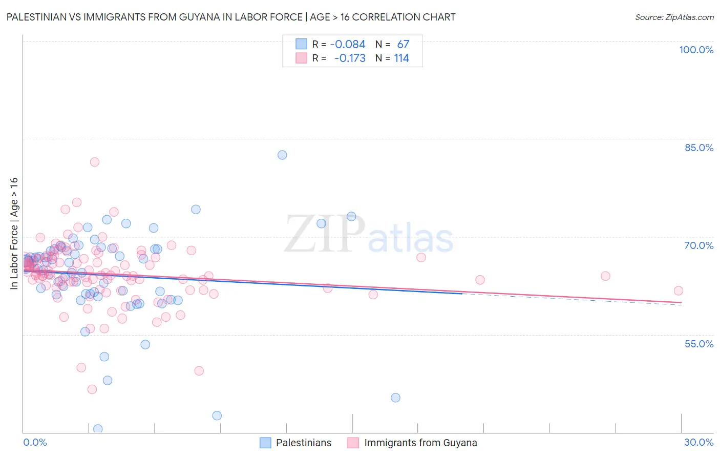 Palestinian vs Immigrants from Guyana In Labor Force | Age > 16