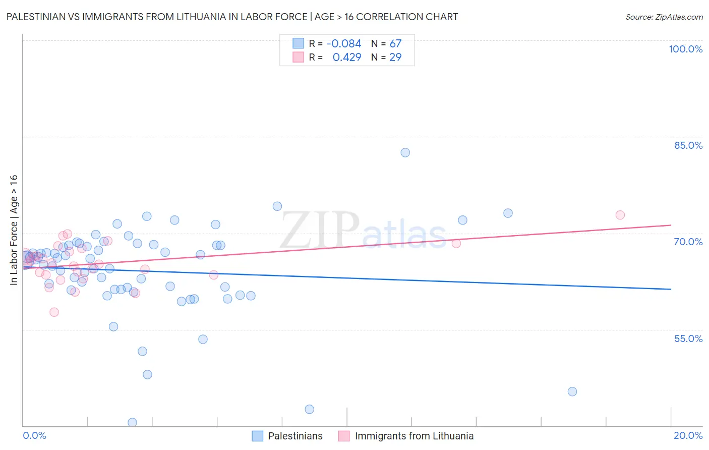 Palestinian vs Immigrants from Lithuania In Labor Force | Age > 16