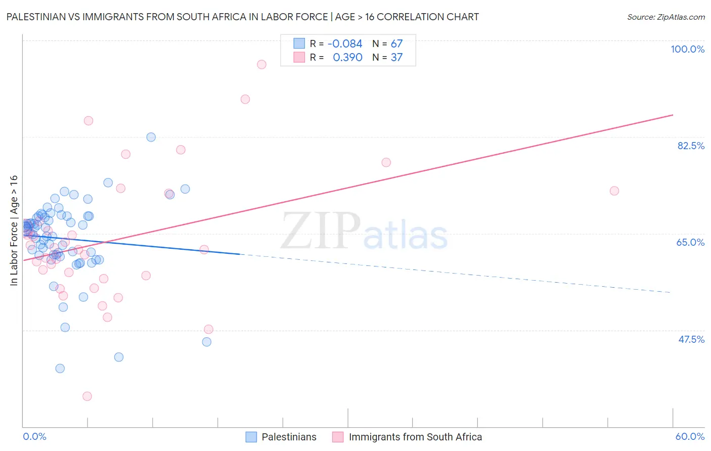 Palestinian vs Immigrants from South Africa In Labor Force | Age > 16