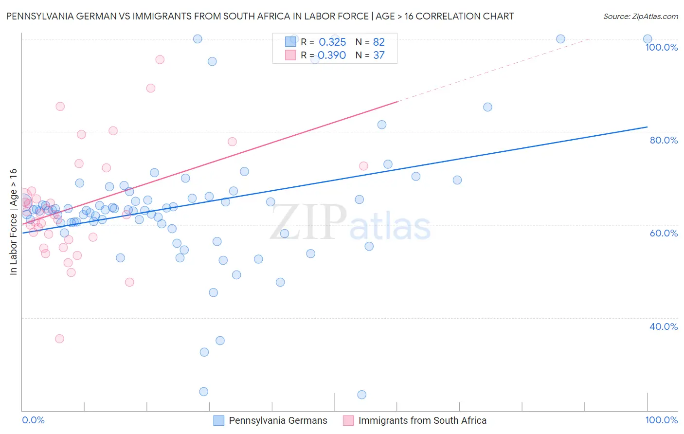 Pennsylvania German vs Immigrants from South Africa In Labor Force | Age > 16