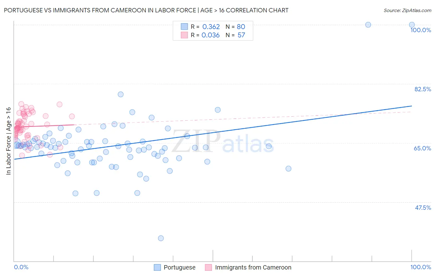 Portuguese vs Immigrants from Cameroon In Labor Force | Age > 16