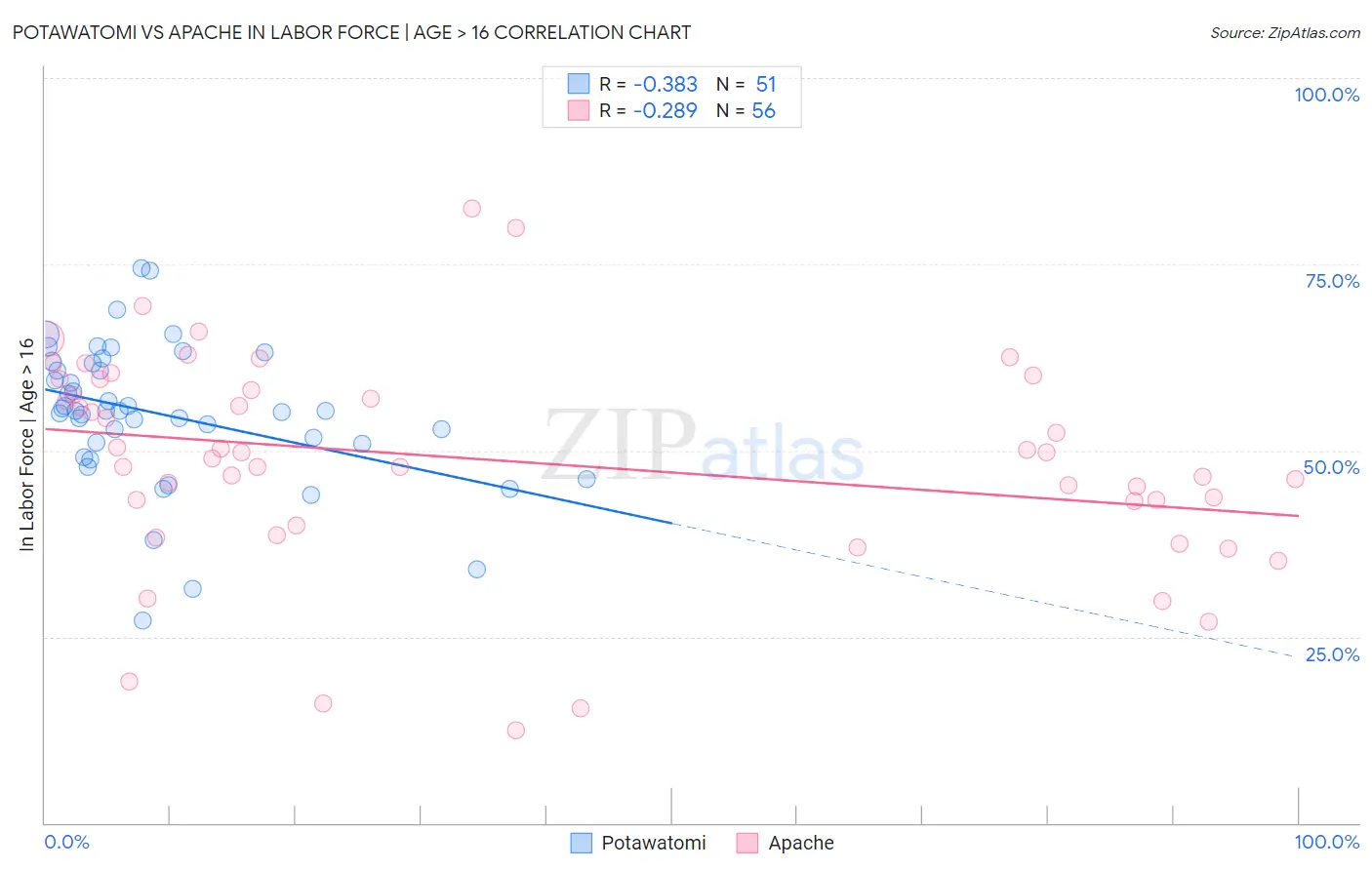 Potawatomi vs Apache In Labor Force | Age > 16