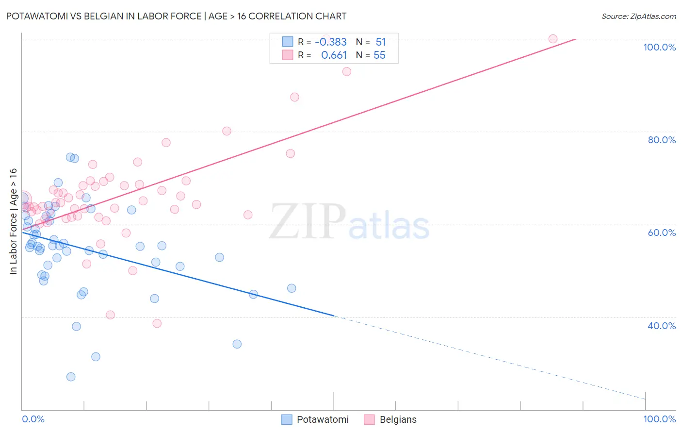 Potawatomi vs Belgian In Labor Force | Age > 16