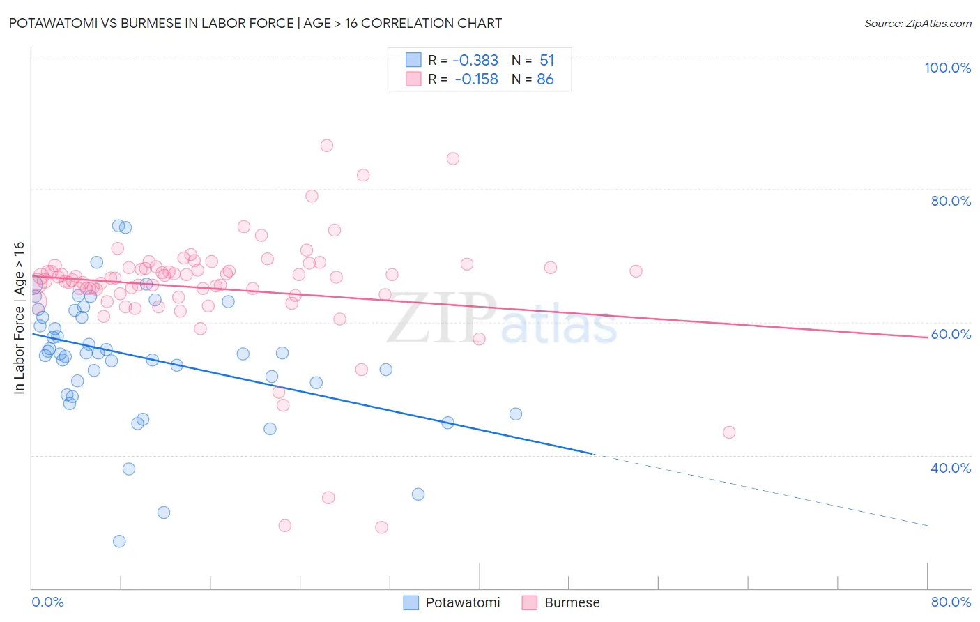 Potawatomi vs Burmese In Labor Force | Age > 16