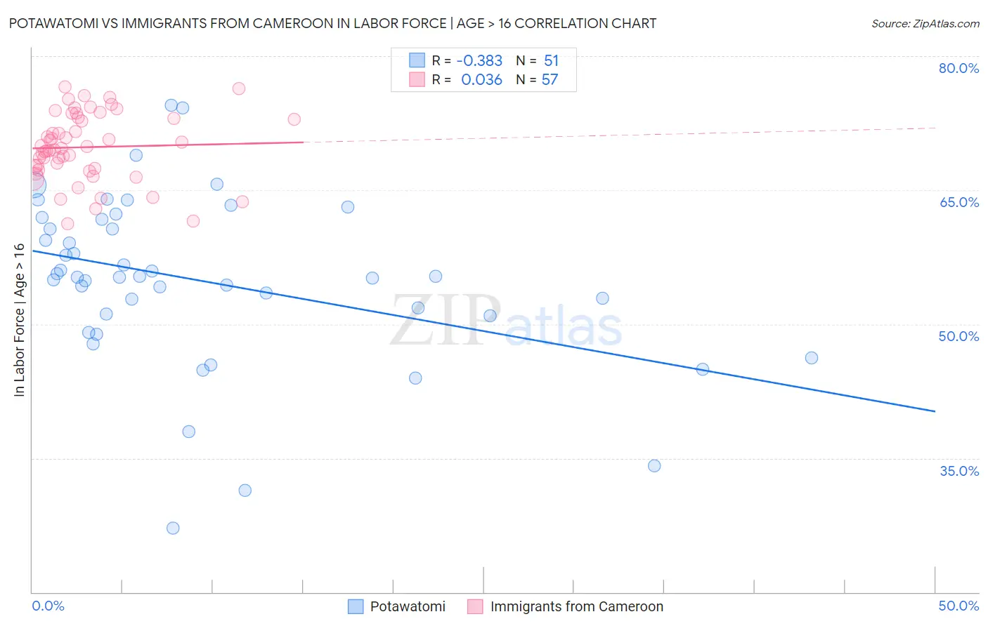 Potawatomi vs Immigrants from Cameroon In Labor Force | Age > 16