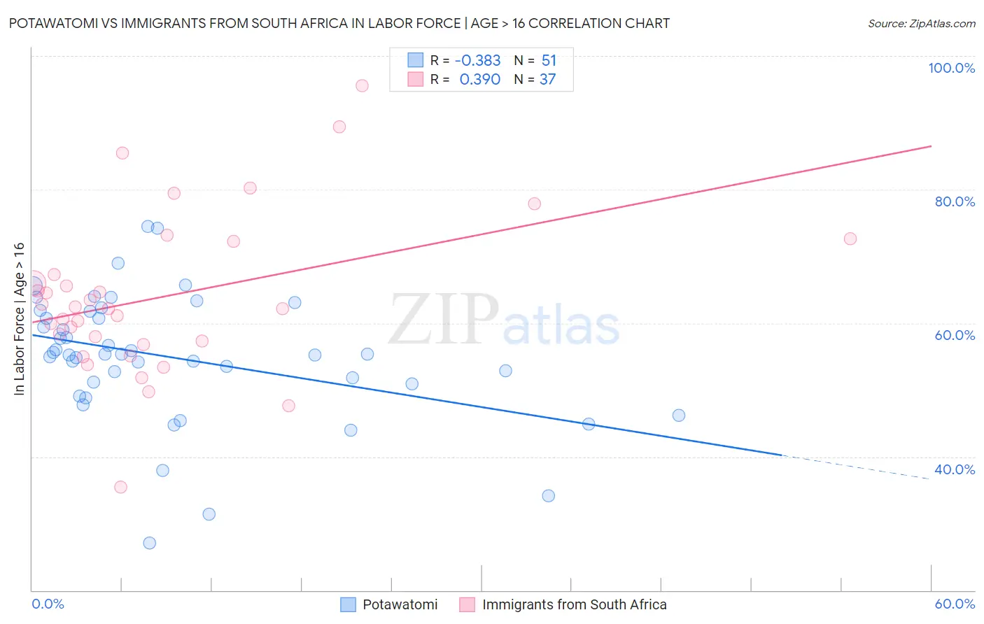 Potawatomi vs Immigrants from South Africa In Labor Force | Age > 16