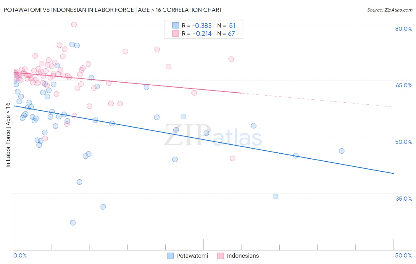 Potawatomi vs Indonesian In Labor Force | Age > 16