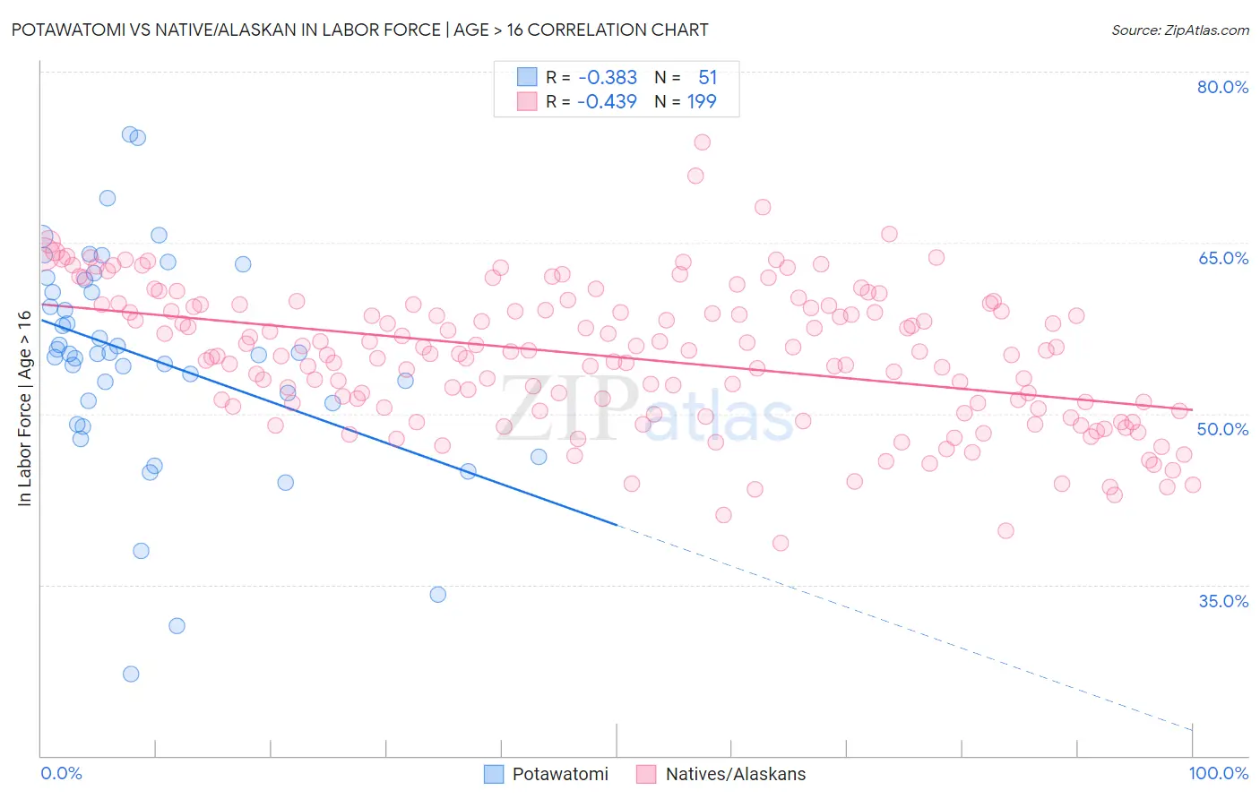 Potawatomi vs Native/Alaskan In Labor Force | Age > 16