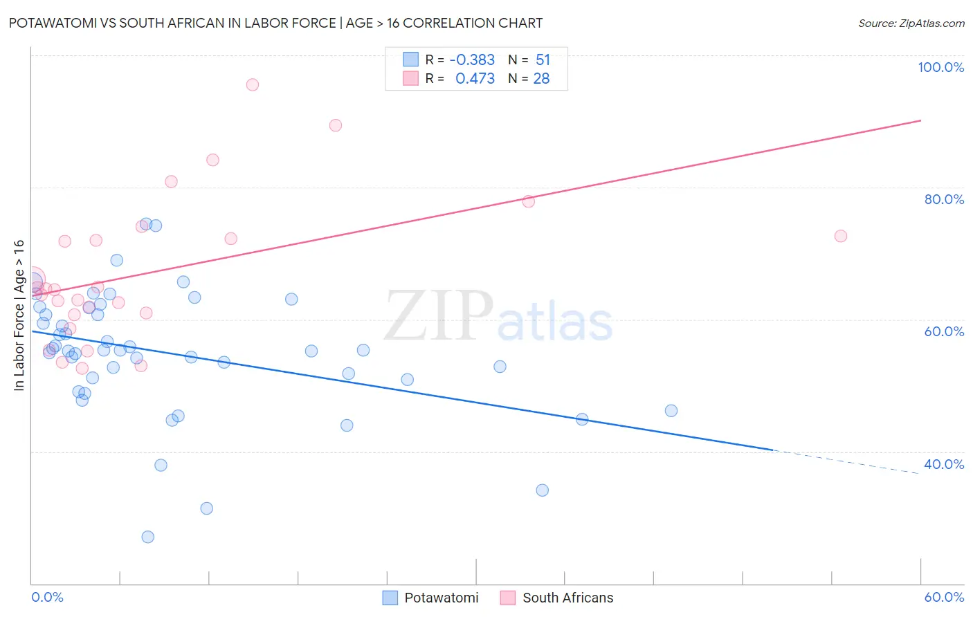 Potawatomi vs South African In Labor Force | Age > 16