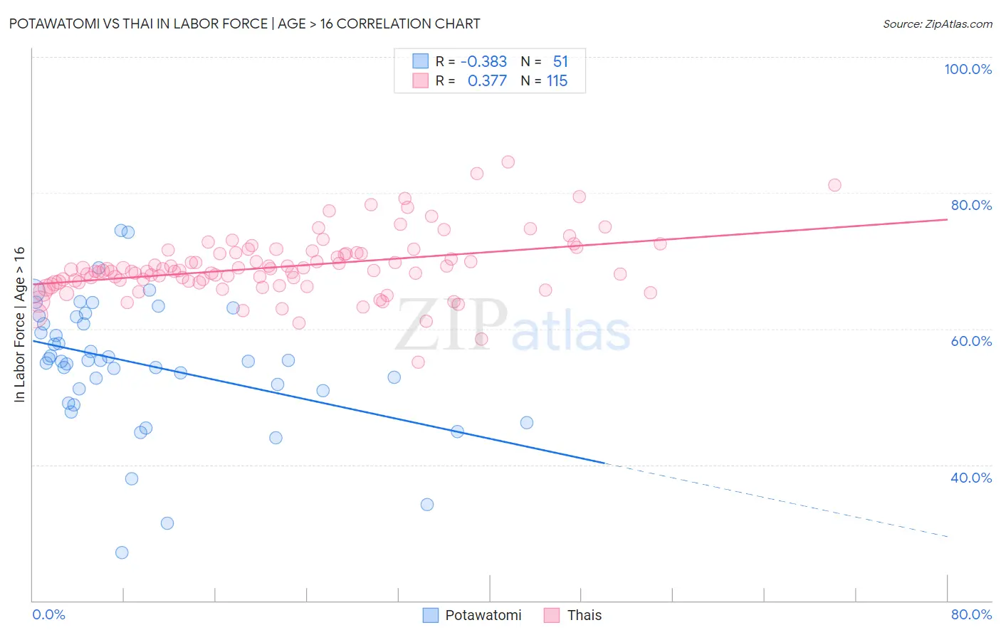 Potawatomi vs Thai In Labor Force | Age > 16