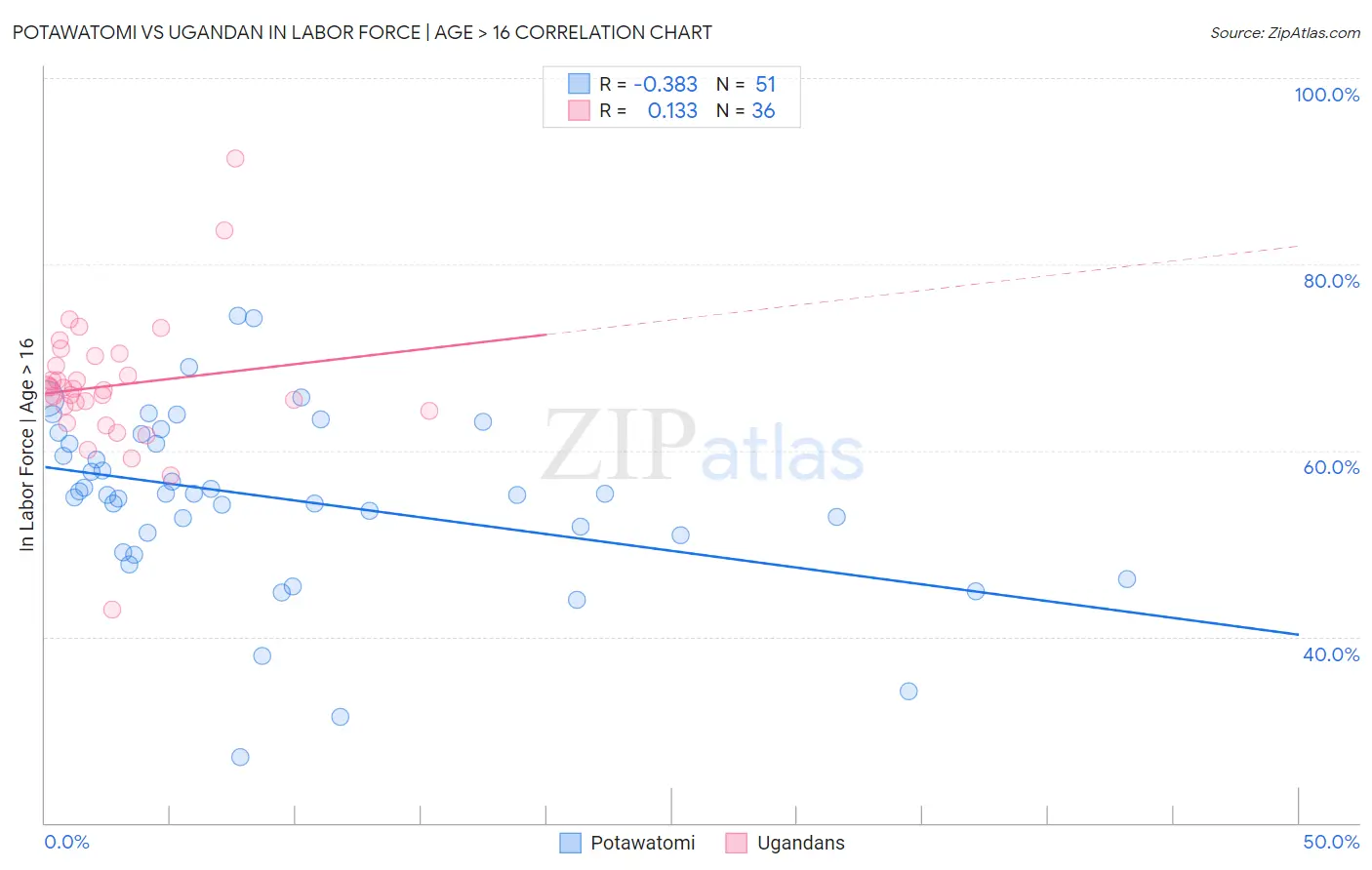 Potawatomi vs Ugandan In Labor Force | Age > 16