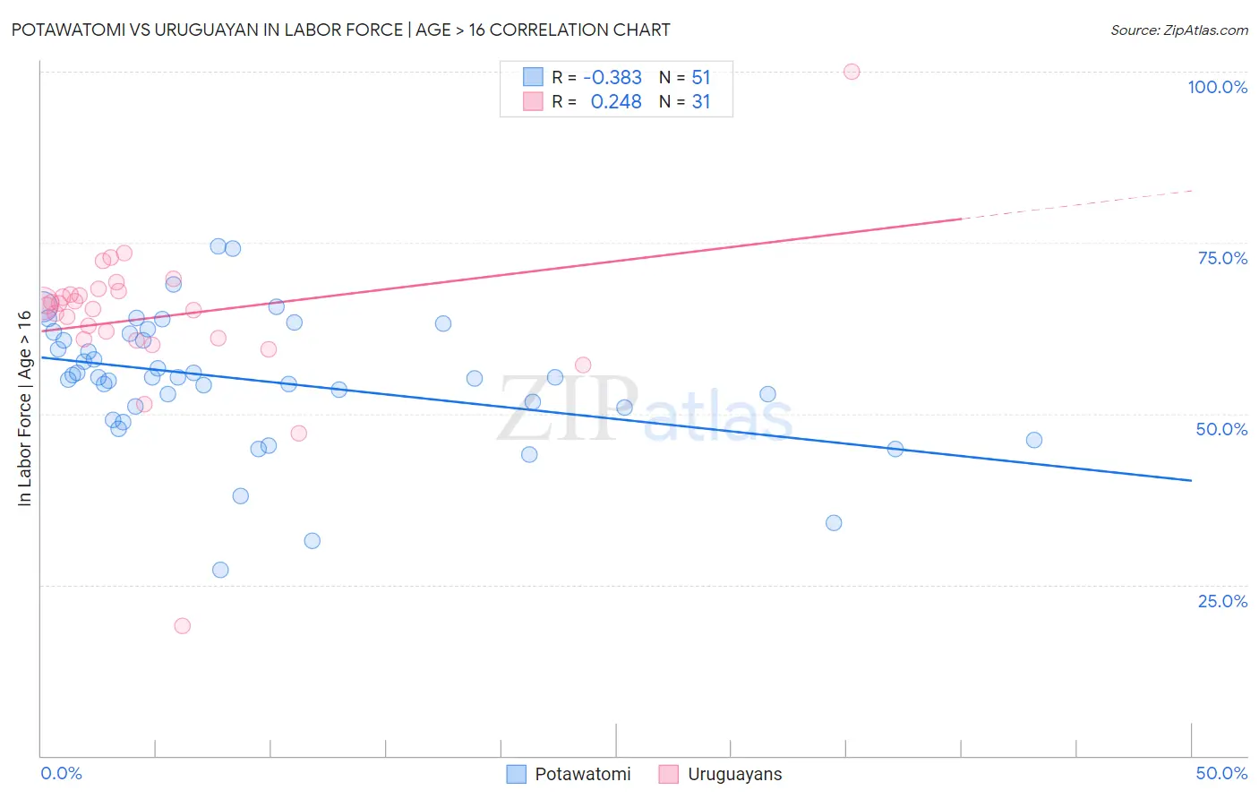 Potawatomi vs Uruguayan In Labor Force | Age > 16