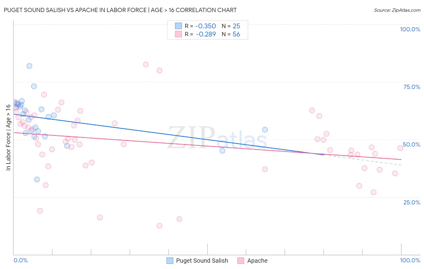Puget Sound Salish vs Apache In Labor Force | Age > 16