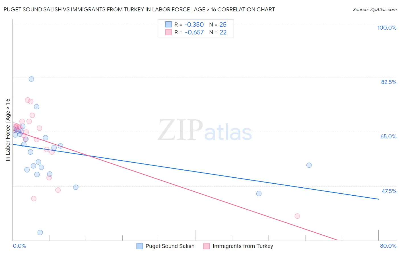 Puget Sound Salish vs Immigrants from Turkey In Labor Force | Age > 16