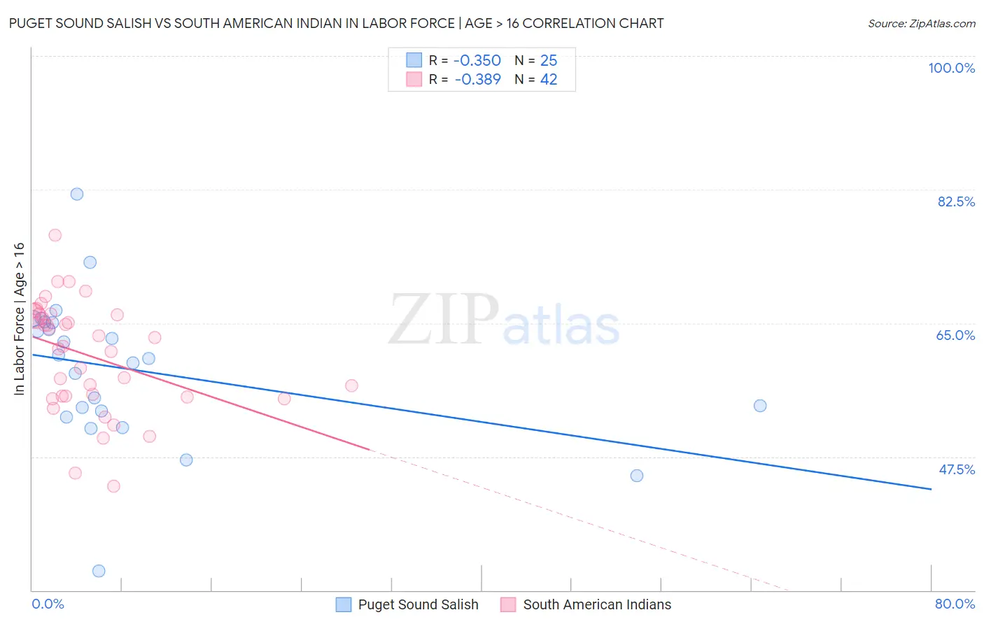 Puget Sound Salish vs South American Indian In Labor Force | Age > 16