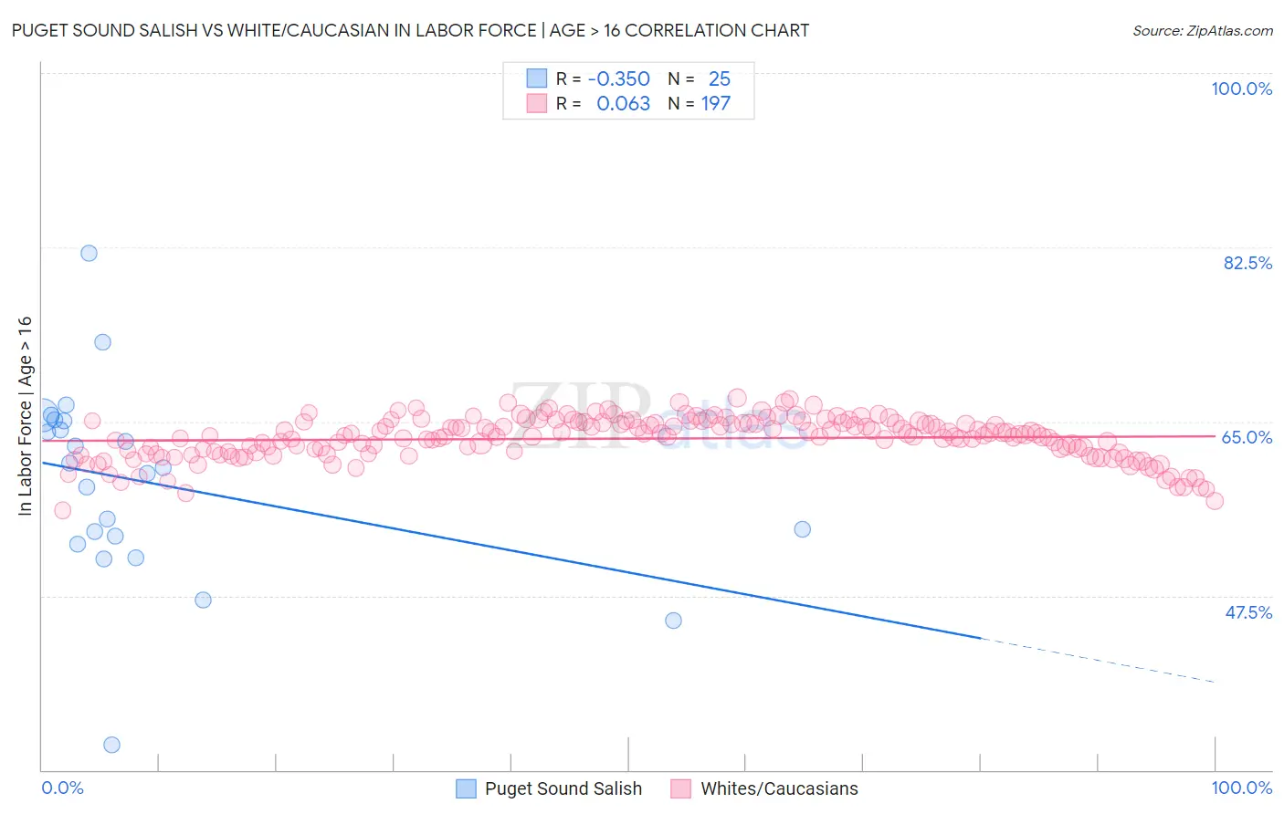 Puget Sound Salish vs White/Caucasian In Labor Force | Age > 16