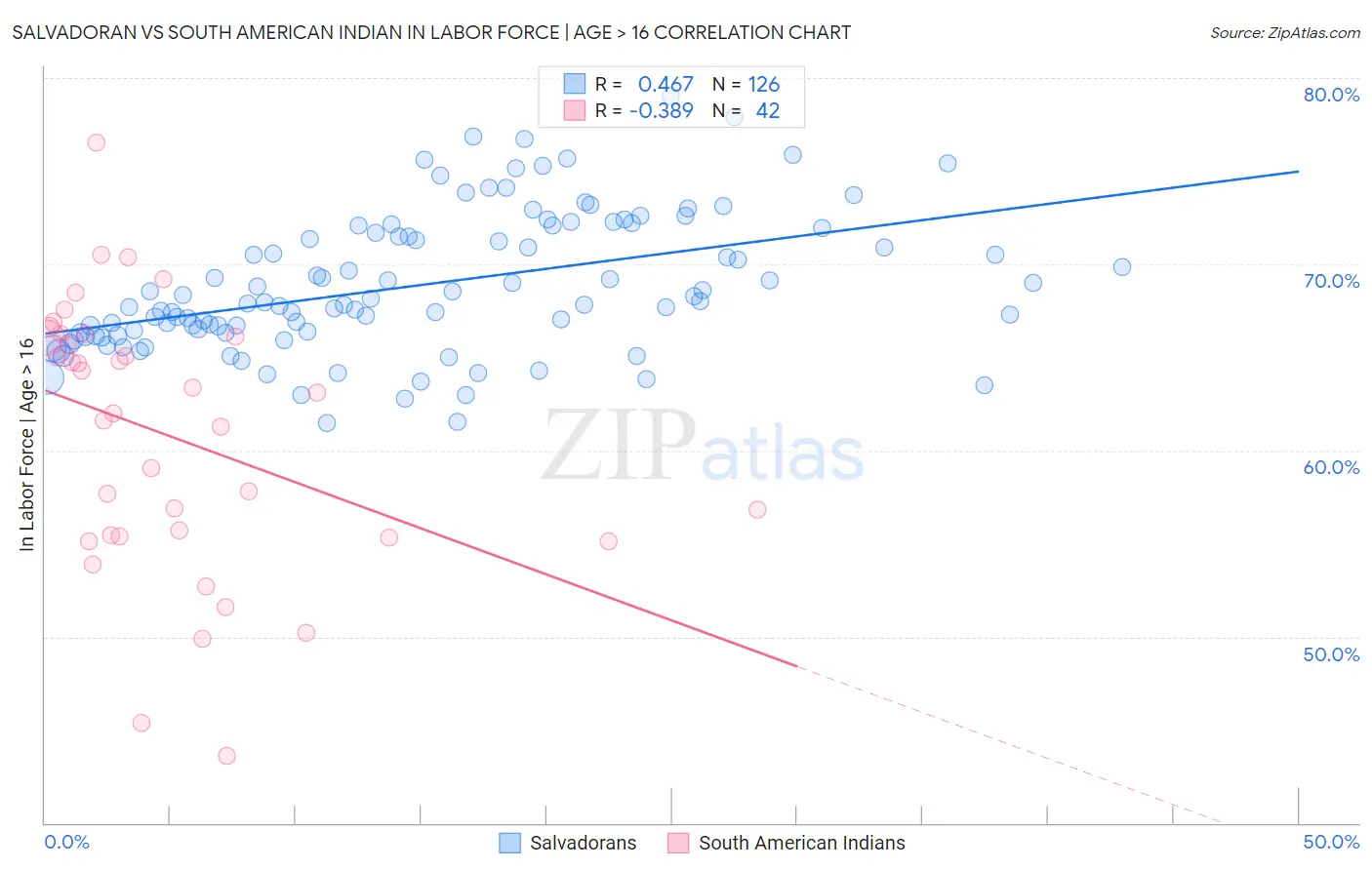 Salvadoran vs South American Indian In Labor Force | Age > 16