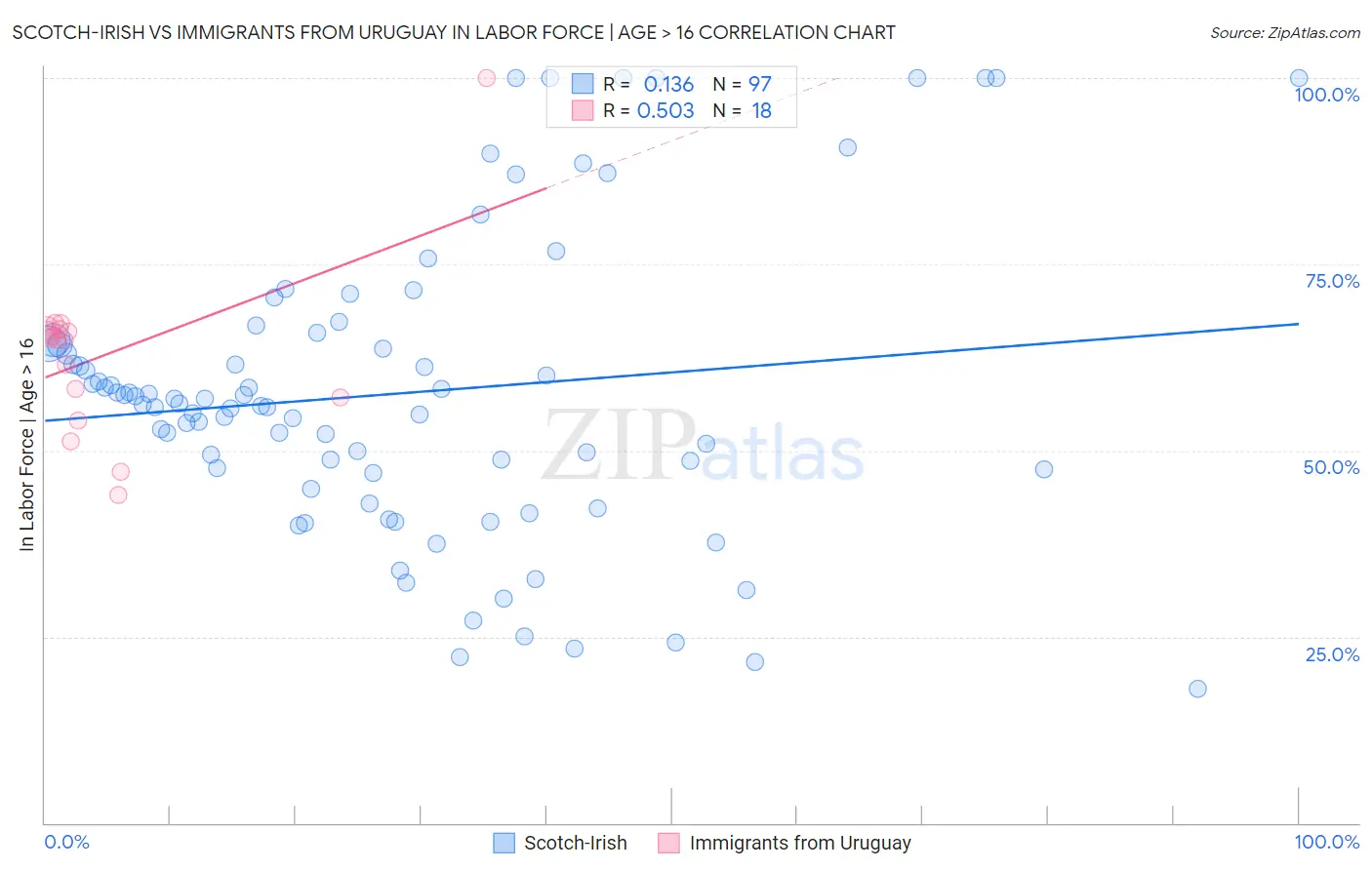 Scotch-Irish vs Immigrants from Uruguay In Labor Force | Age > 16