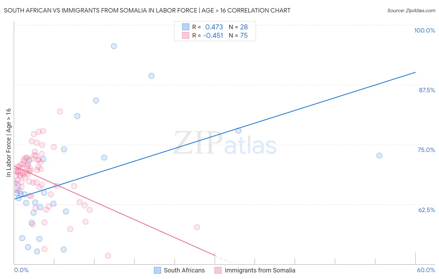 South African vs Immigrants from Somalia In Labor Force | Age > 16