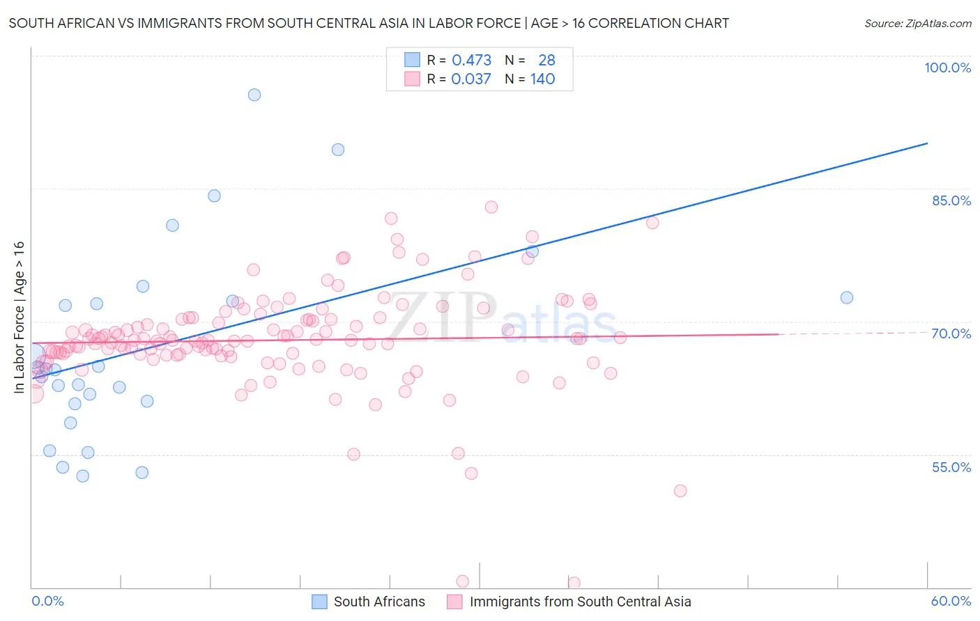 South African vs Immigrants from South Central Asia In Labor Force | Age > 16