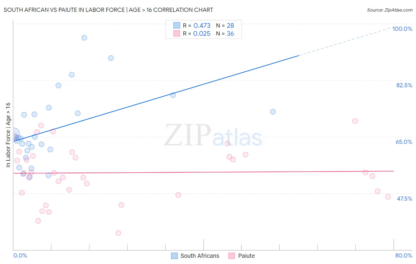 South African vs Paiute In Labor Force | Age > 16