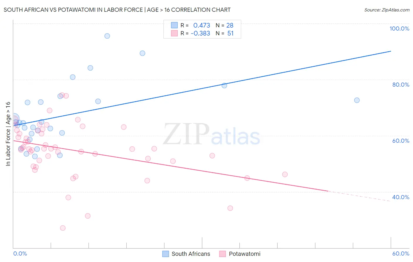 South African vs Potawatomi In Labor Force | Age > 16