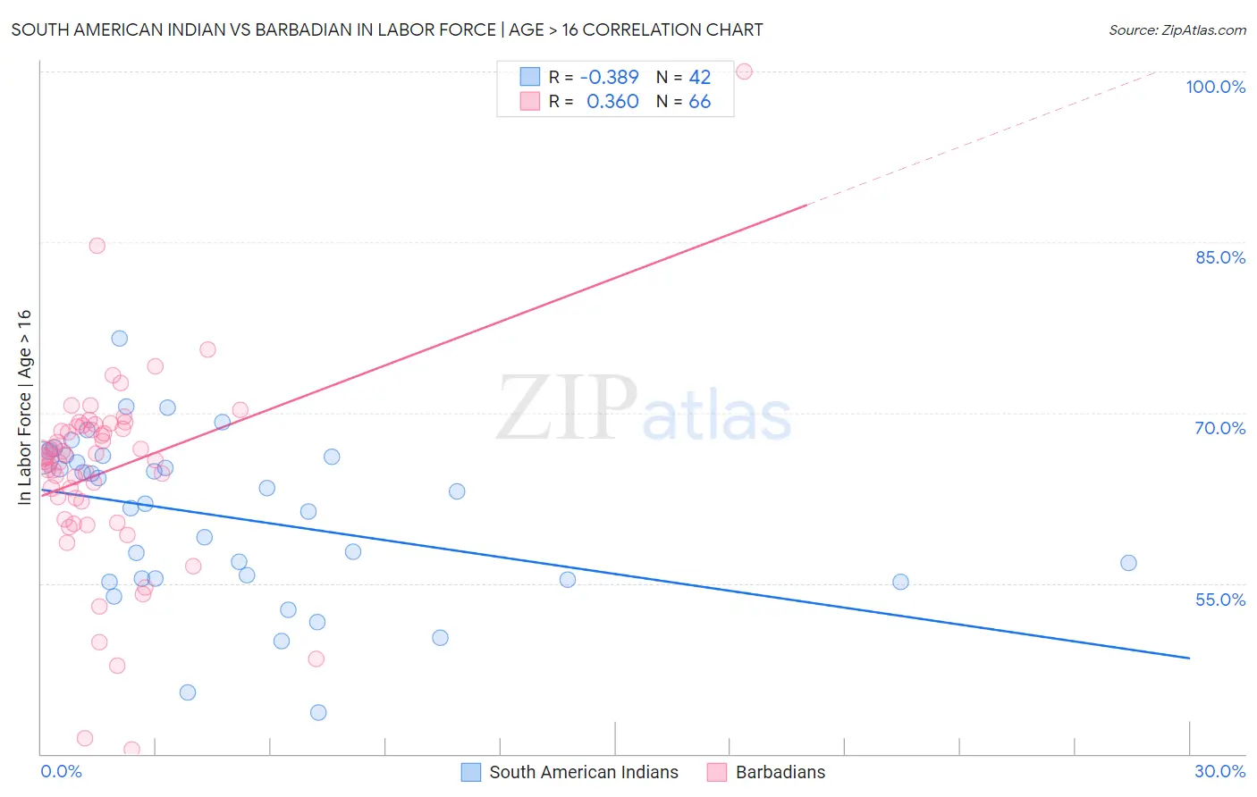South American Indian vs Barbadian In Labor Force | Age > 16