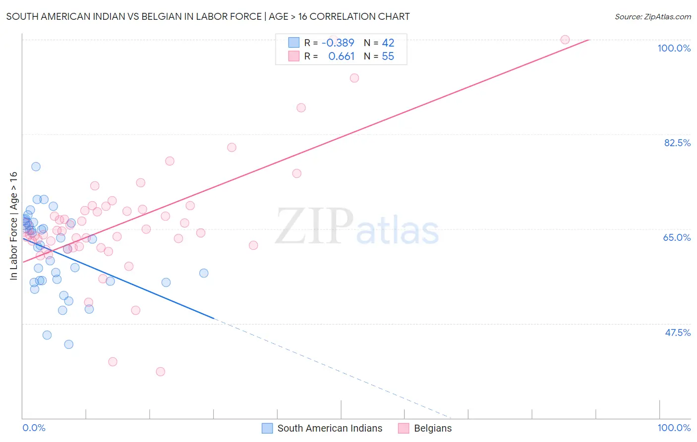 South American Indian vs Belgian In Labor Force | Age > 16