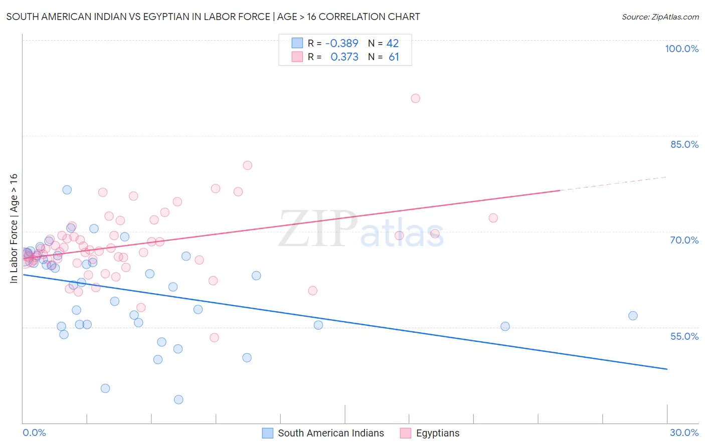 South American Indian vs Egyptian In Labor Force | Age > 16