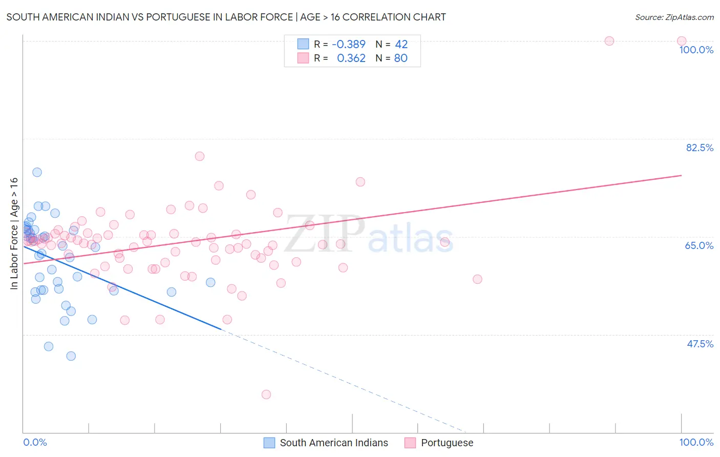 South American Indian vs Portuguese In Labor Force | Age > 16