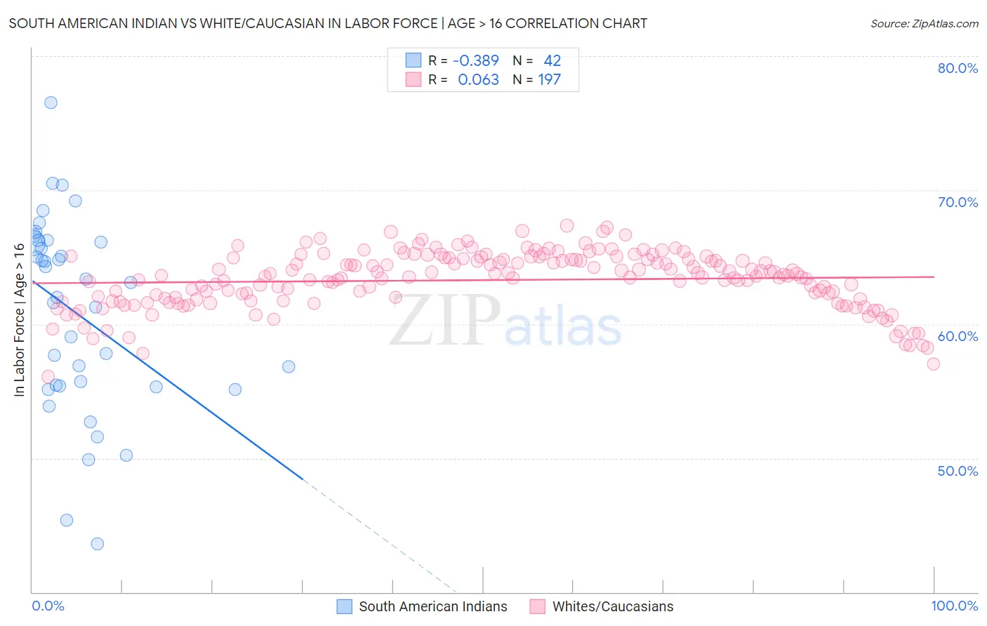 South American Indian vs White/Caucasian In Labor Force | Age > 16