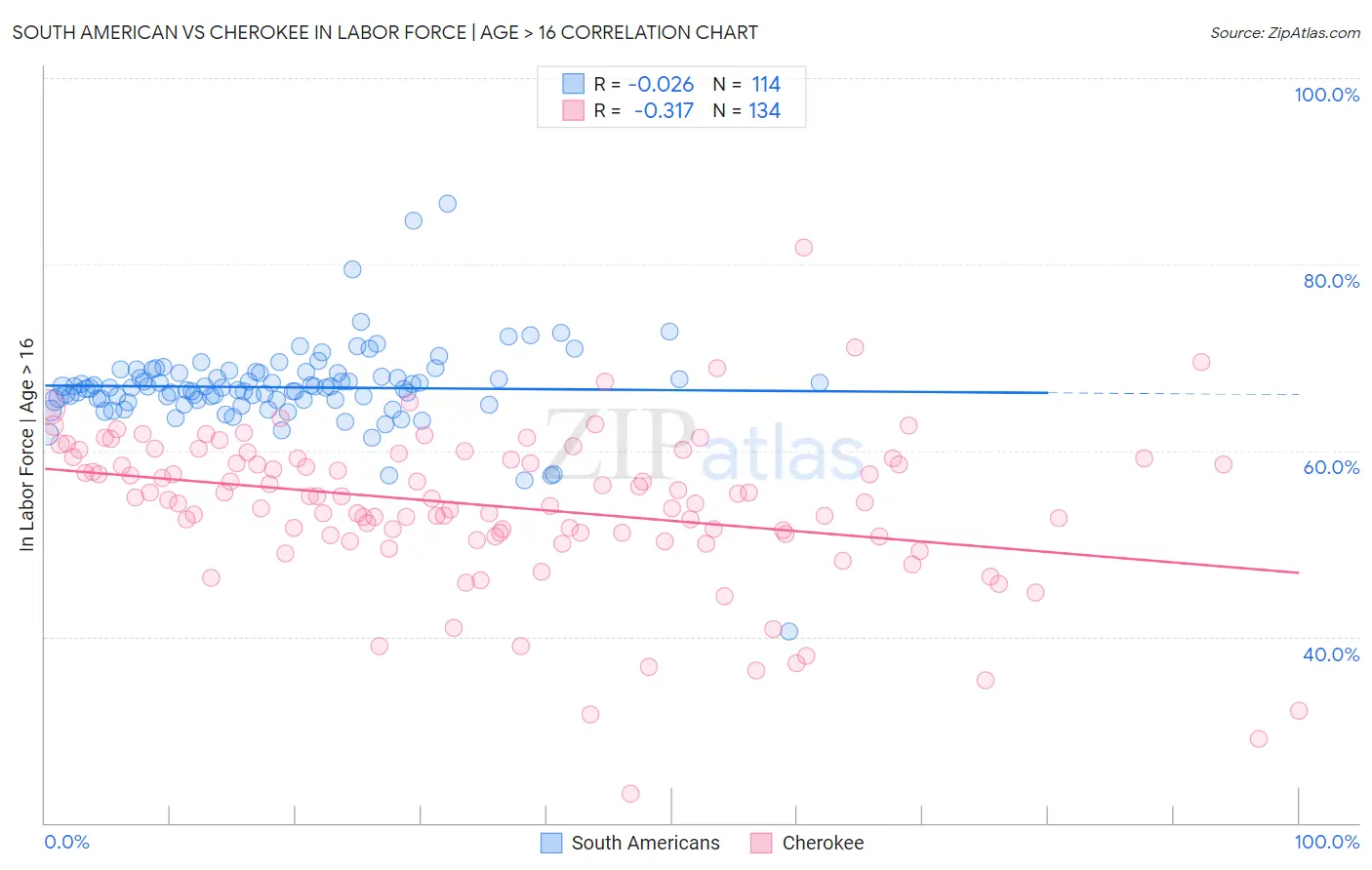 South American vs Cherokee In Labor Force | Age > 16