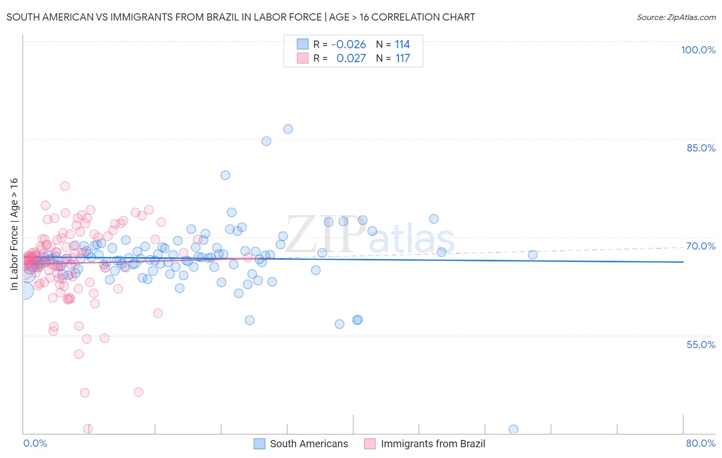 South American vs Immigrants from Brazil In Labor Force | Age > 16