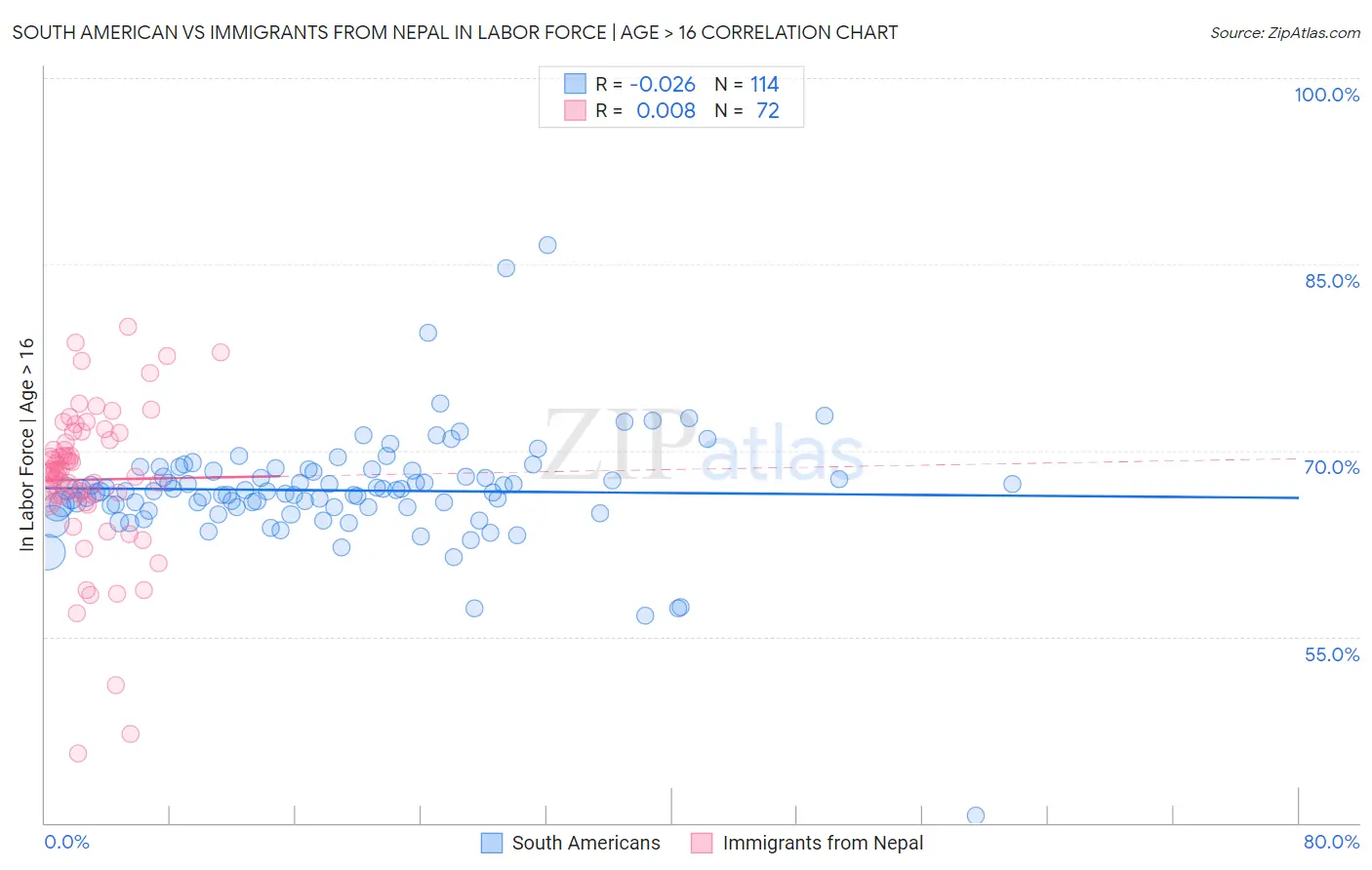 South American vs Immigrants from Nepal In Labor Force | Age > 16