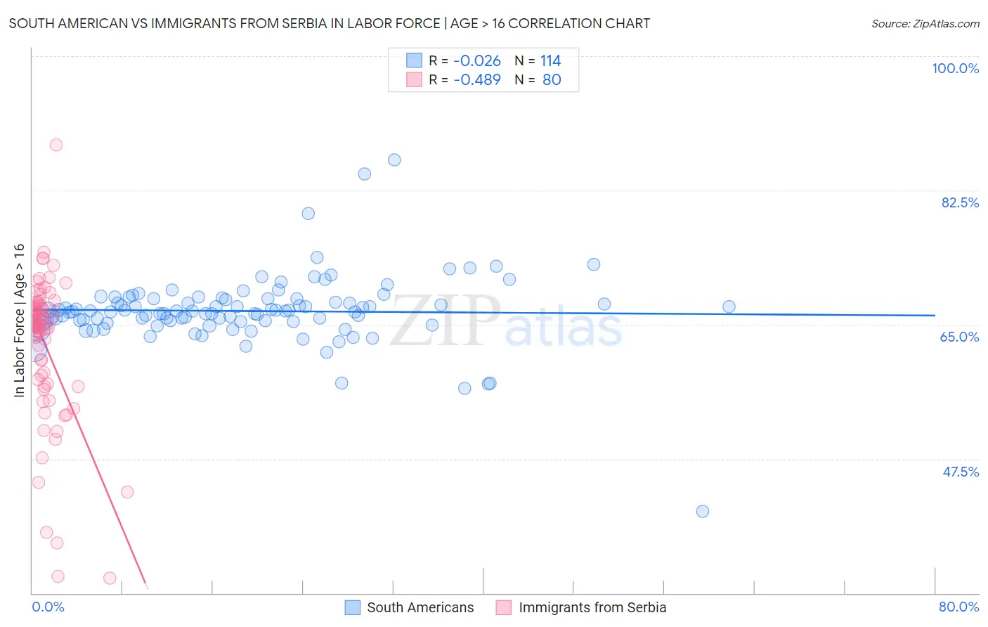 South American vs Immigrants from Serbia In Labor Force | Age > 16