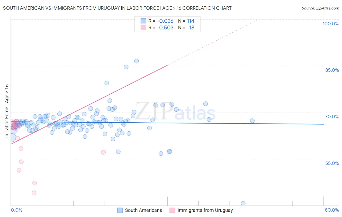 South American vs Immigrants from Uruguay In Labor Force | Age > 16