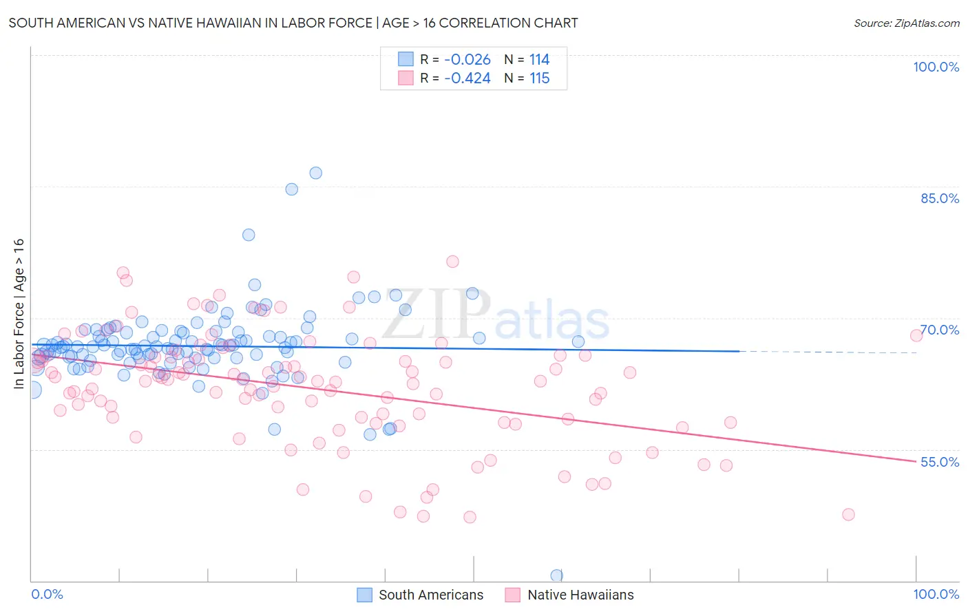 South American vs Native Hawaiian In Labor Force | Age > 16