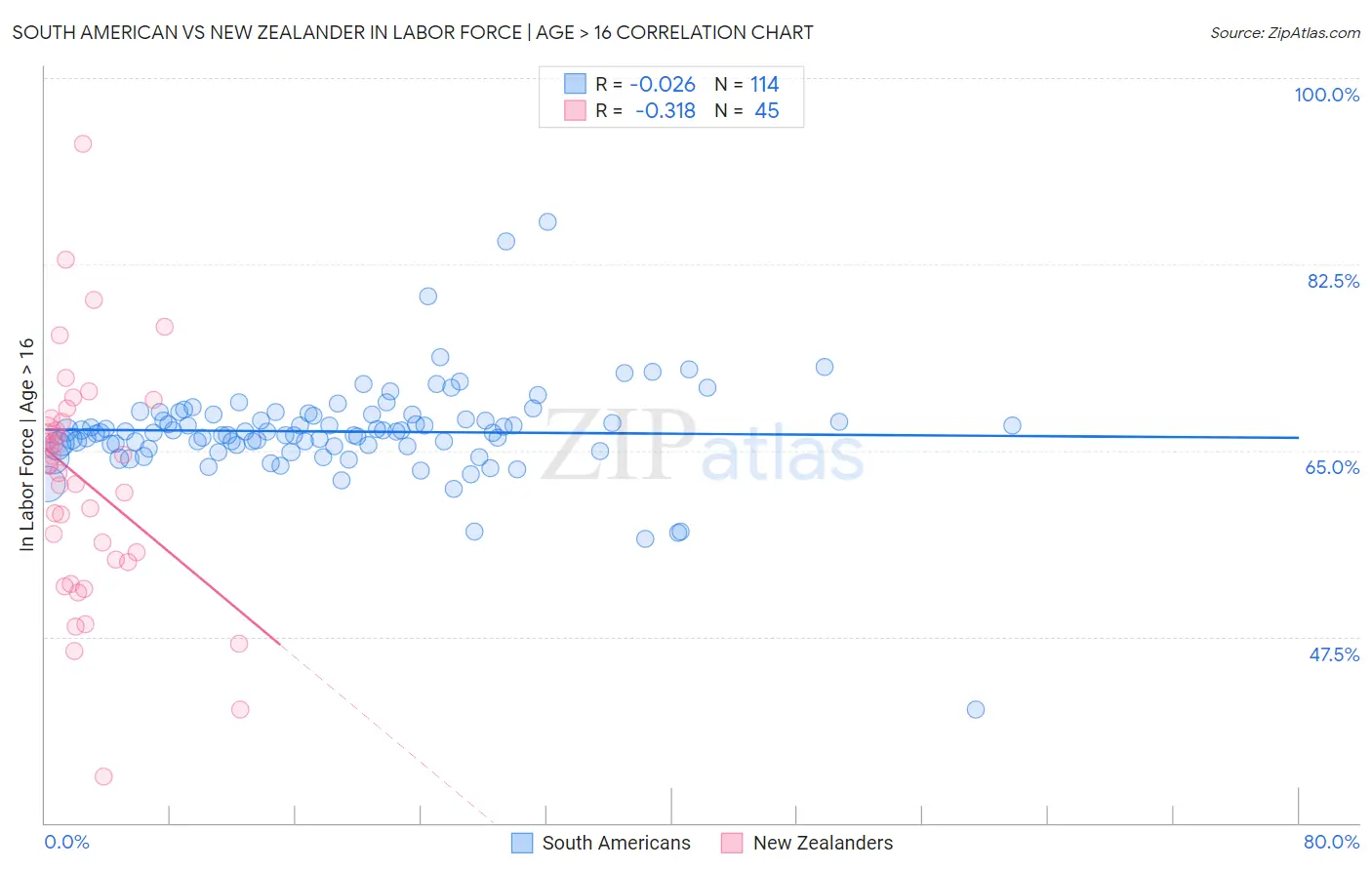 South American vs New Zealander In Labor Force | Age > 16