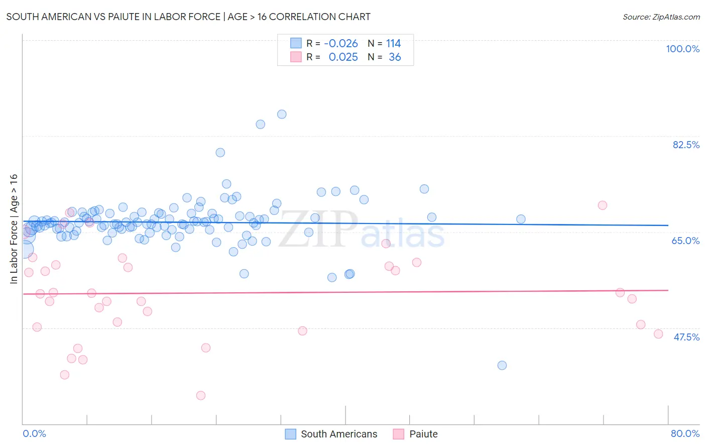 South American vs Paiute In Labor Force | Age > 16