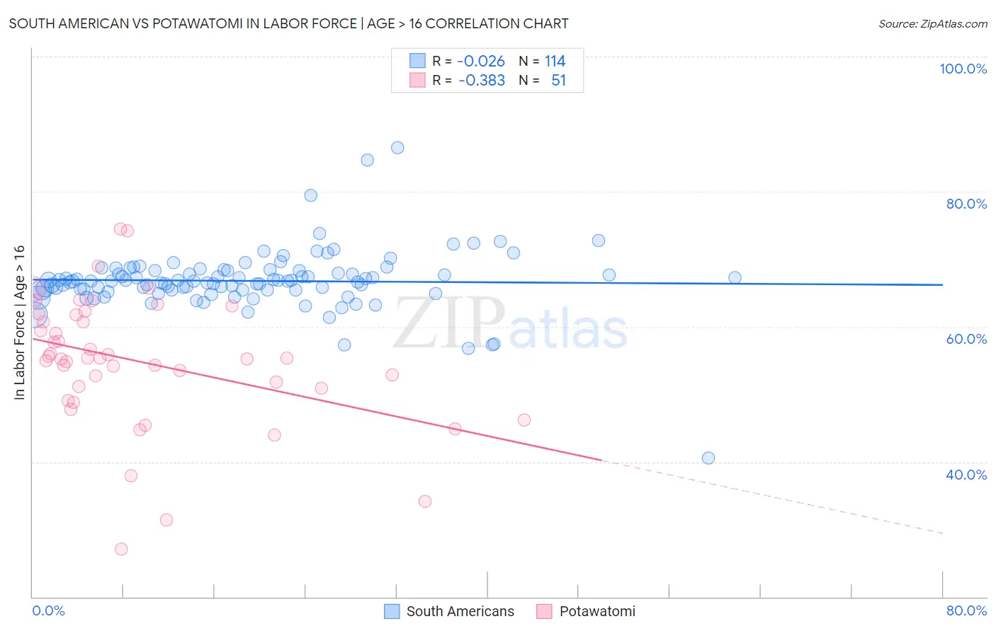 South American vs Potawatomi In Labor Force | Age > 16