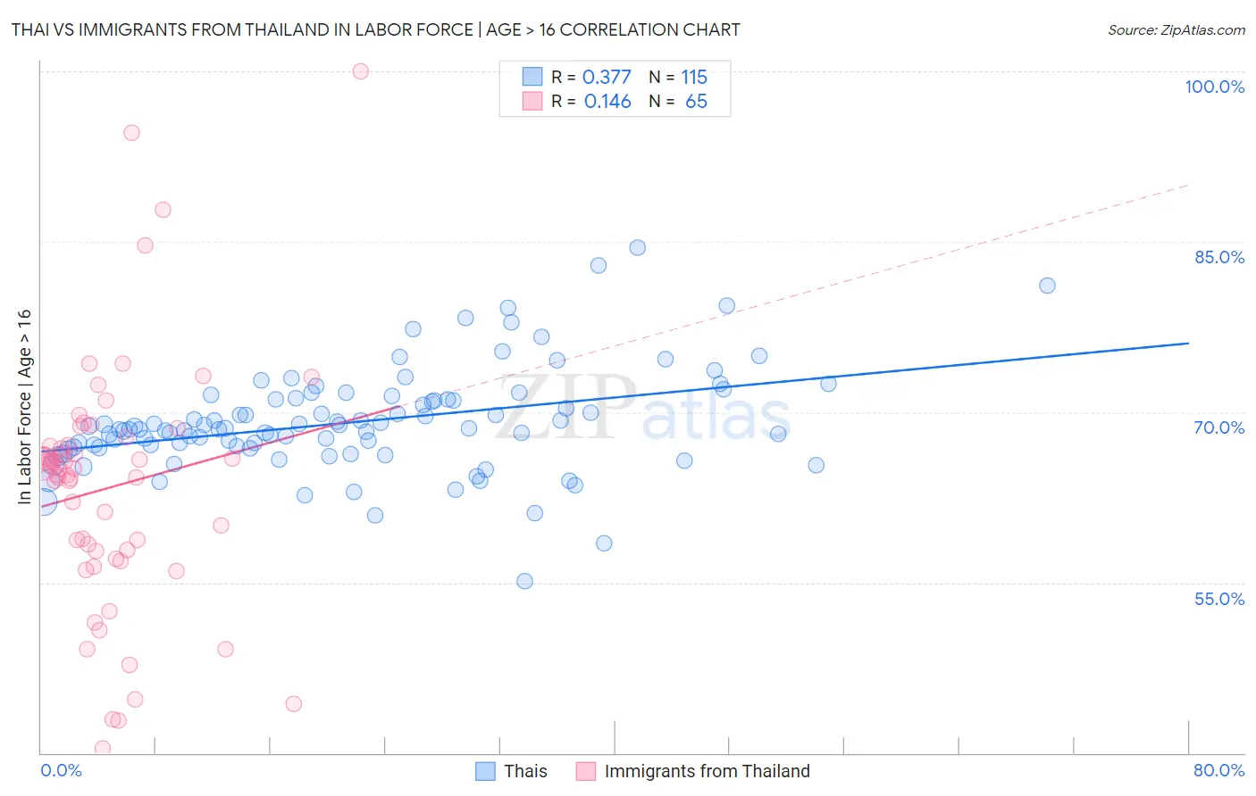 Thai vs Immigrants from Thailand In Labor Force | Age > 16