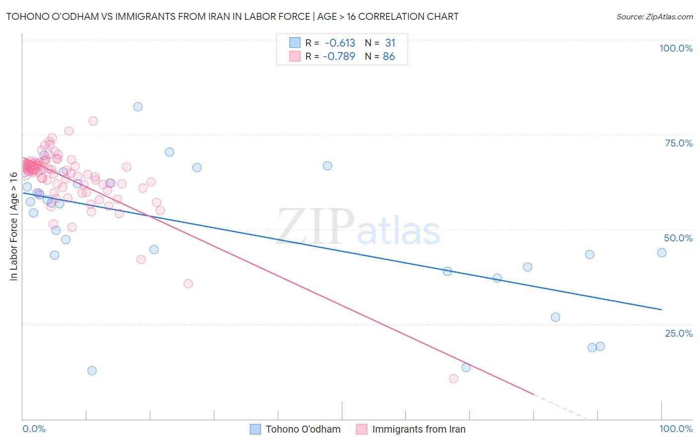 Tohono O'odham vs Immigrants from Iran In Labor Force | Age > 16