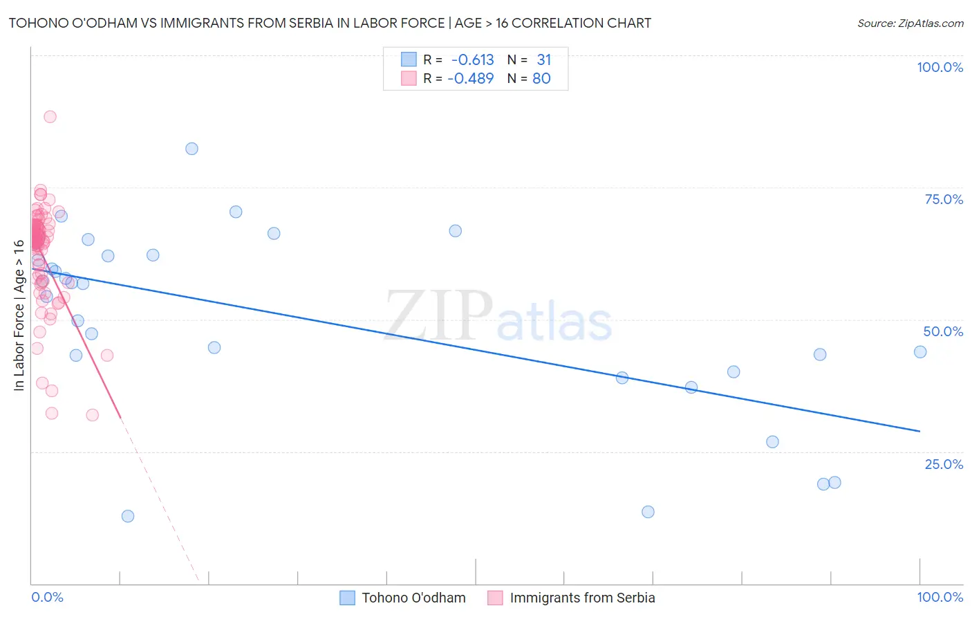 Tohono O'odham vs Immigrants from Serbia In Labor Force | Age > 16