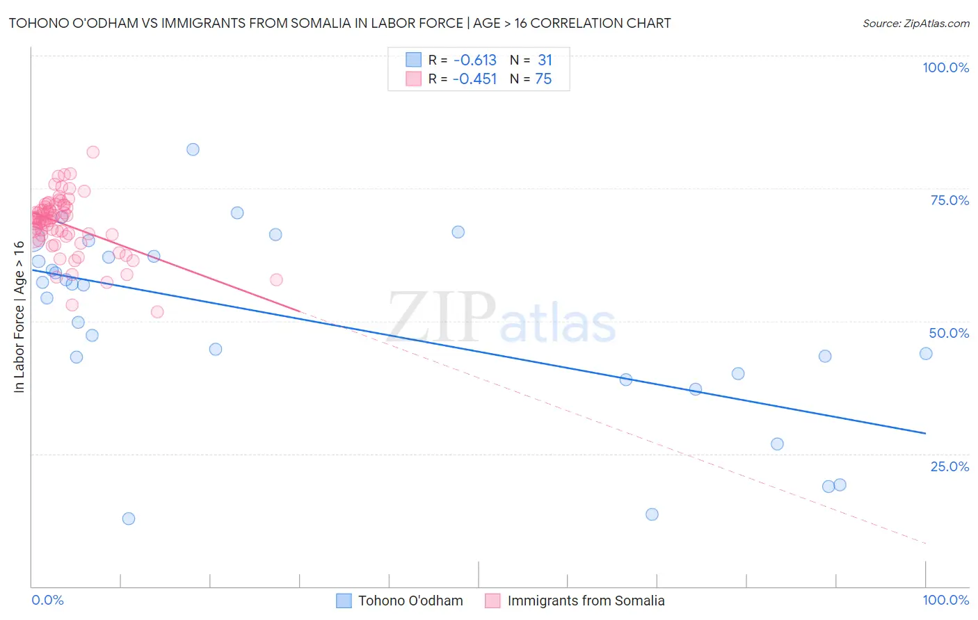 Tohono O'odham vs Immigrants from Somalia In Labor Force | Age > 16