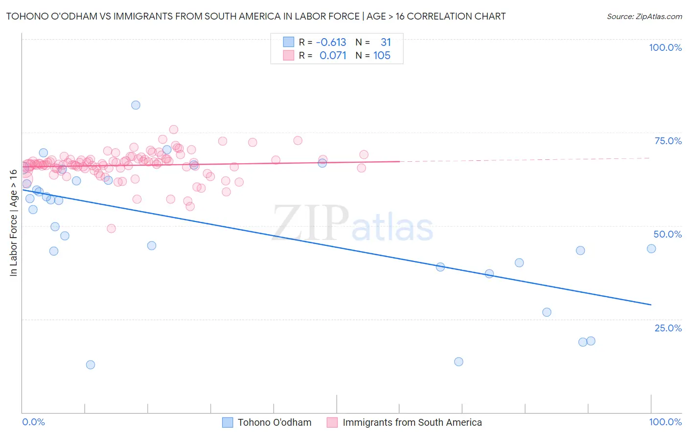 Tohono O'odham vs Immigrants from South America In Labor Force | Age > 16