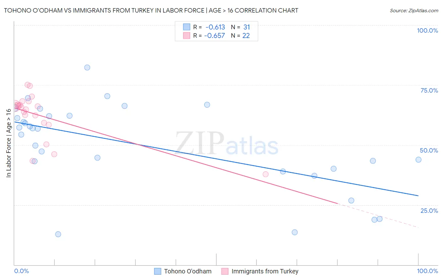Tohono O'odham vs Immigrants from Turkey In Labor Force | Age > 16